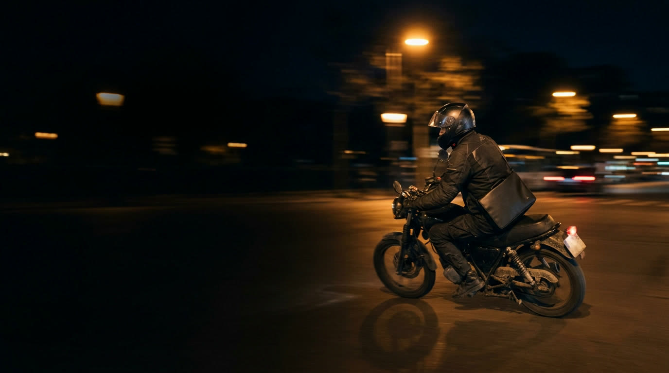 Un coursier à moto traverse un boulevard parisien de nuit, sa sacoche de documents en bandoulière.