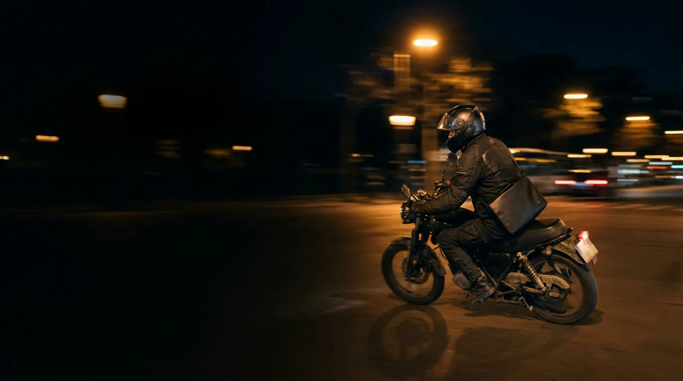 Un coursier à moto traverse un boulevard parisien de nuit.