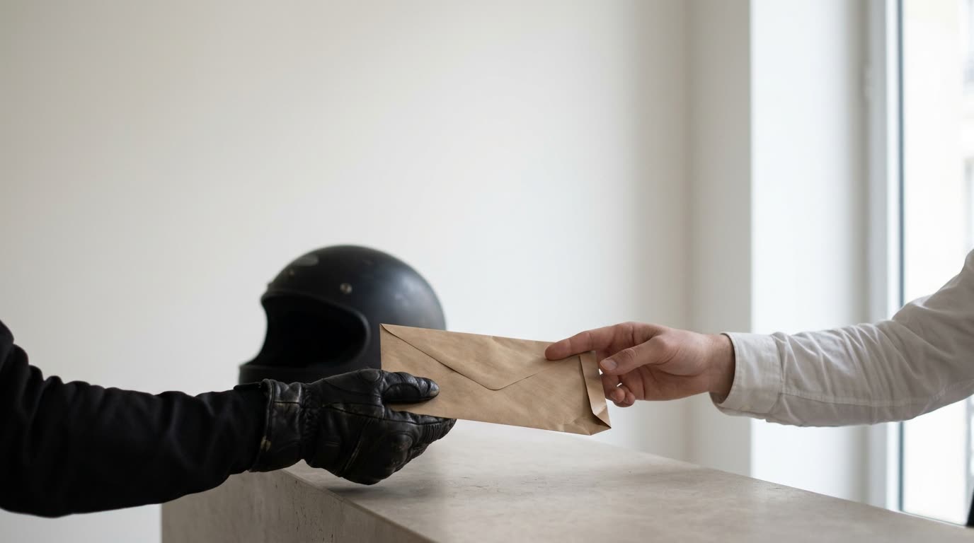 Un coursier ganté de cuir remet une enveloppe kraft à une personne, par-dessus un comptoir d’accueil en pierre.