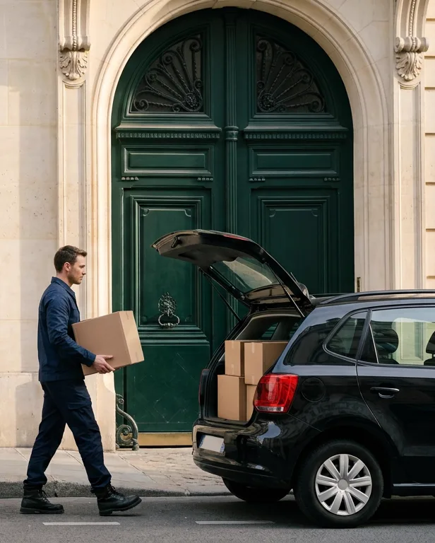 Une voiture break, hayon ouvert, garée devant une porte cochère parisienne.