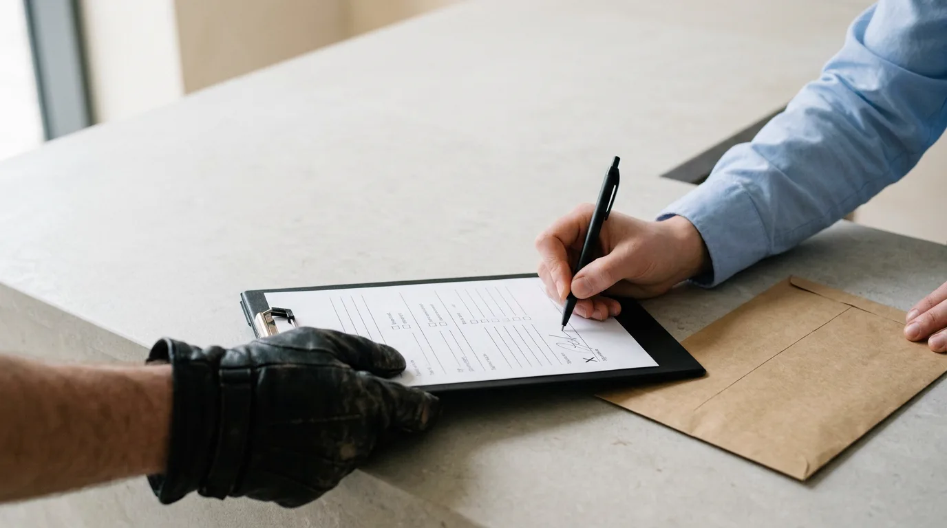 Une personne signe le bon de livraison que lui tend un coursier ganté, à côté d’une enveloppe kraft.